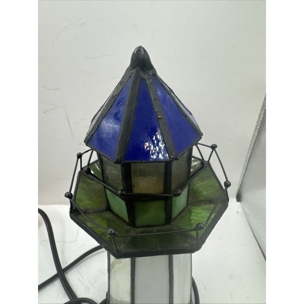Tiffany Style Stained Slag Glass Lighthouse Accent Lamp Beach Shore WORKS